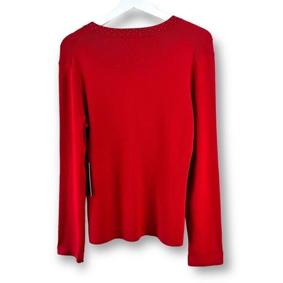 BCBGMaxAzria Red Cardigan L Beaded Holiday Office Classic - Picture 2 of 13
